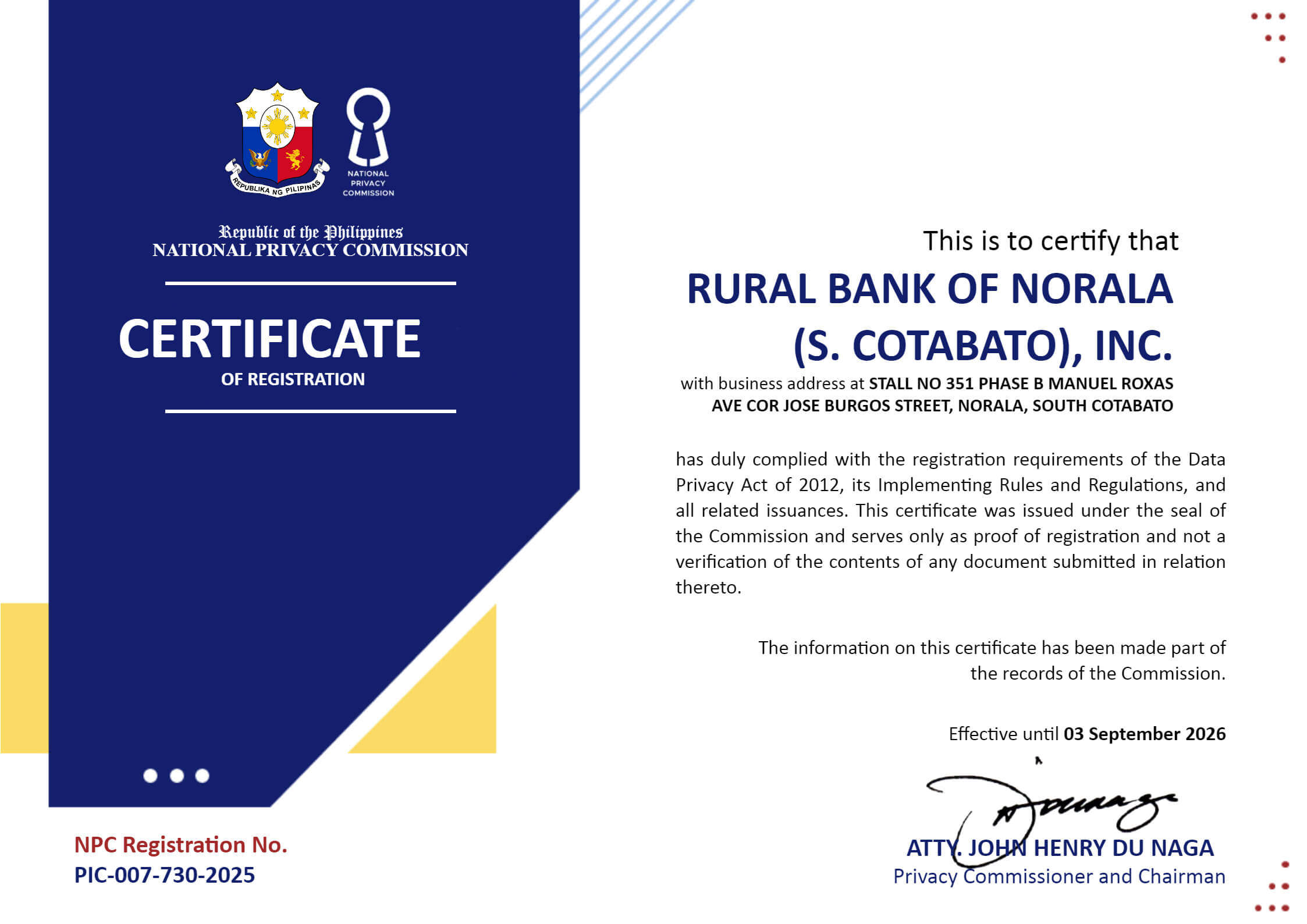 National Privacy Commission Certificate of Registration — Rural Bank of Norala